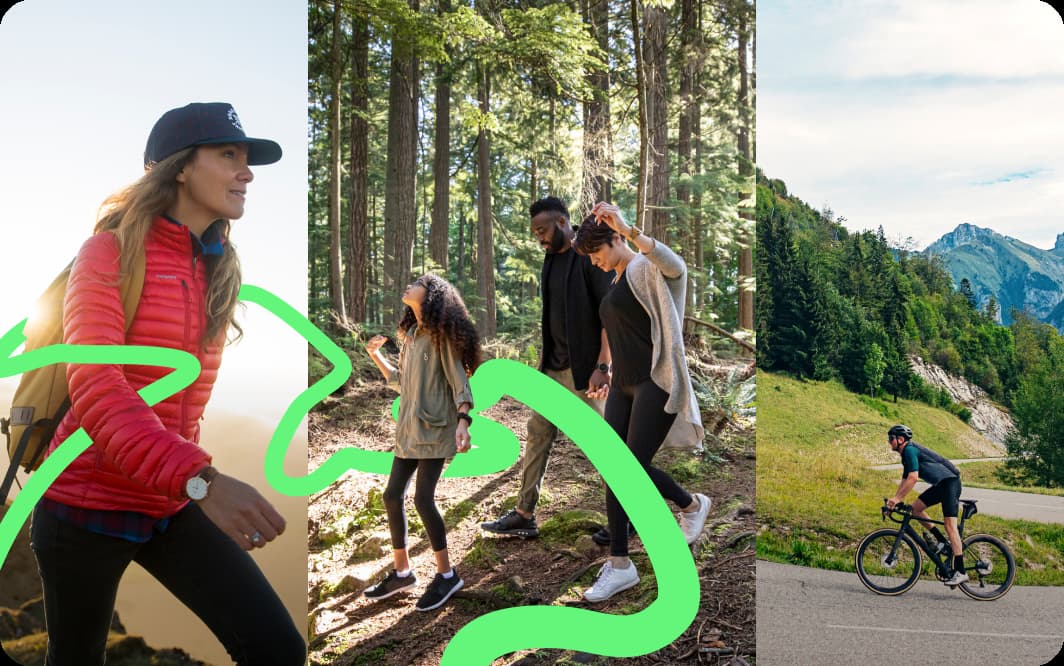 Verschiedene Einzelpersonen und Gruppen genießen unterschiedliche Aktivitäten in der Natur: Ein Backpacker schreitet lächelnd voran, eine Familie spaziert gemächlich durch einen Kiefernwald, und ein Radfahrer beginnt seinen Aufstieg auf einer schönen Bergstraße.